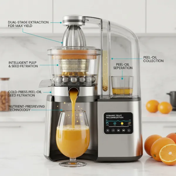 Cross-section view of an advanced smart citrus juicer showing high extraction efficiency and nutrient retention.