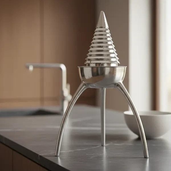 Close-up of the Alessi Juicy Salif, showcasing its unique sculptural design and polished aluminum finish.