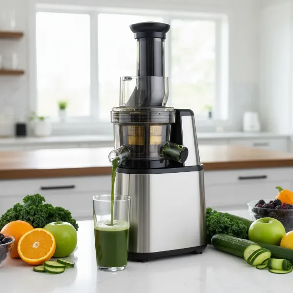 A sleek, modern cold press juicer with a visible drip-stop spout in a clean kitchen setting, showing fresh juice being poured into a glass.