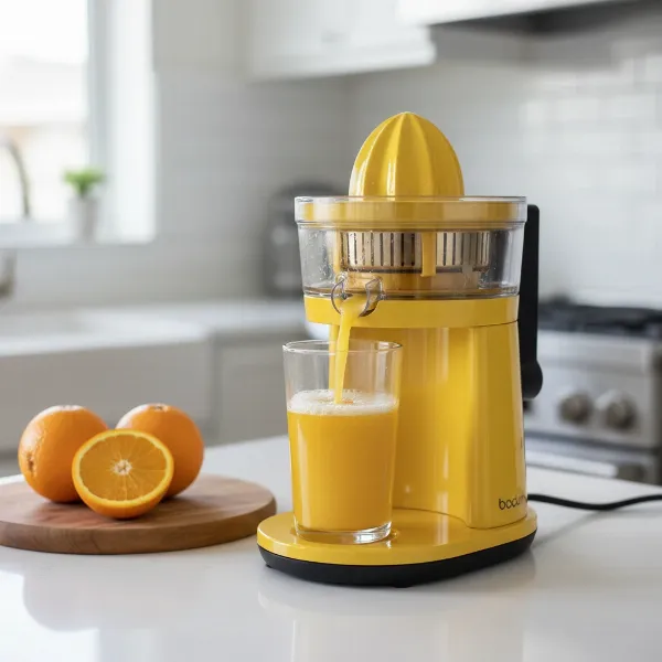 Bodum Bistro electric citrus juicer with elevated design, drip-stop spout filling a tall glass.