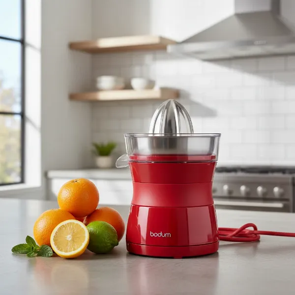 Bodum Bistro electric citrus juicer showcasing its durable materials and vibrant color on a kitchen counter.