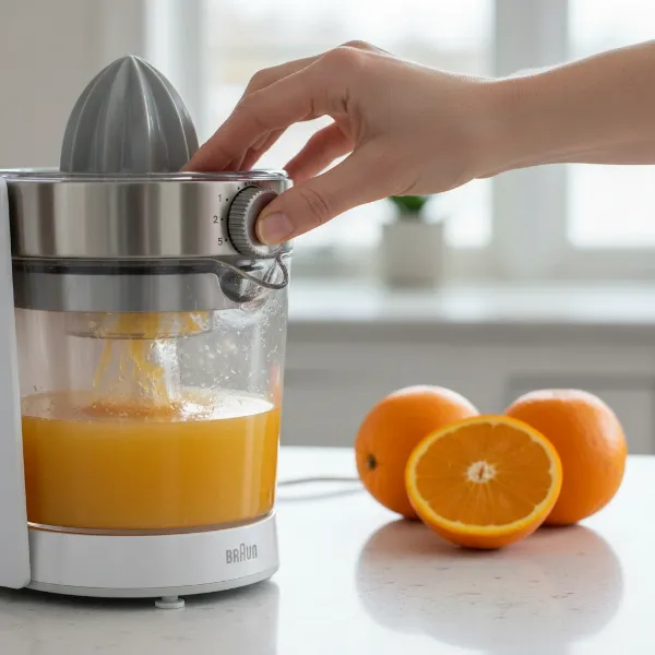 Close-up of a hand adjusting the pulp control dial on the Braun TributeCollection juicer.