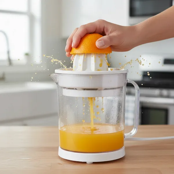 A person's hand pressing a halved orange onto the reamer of a Brentwood J-15 juicer, actively extracting juice.