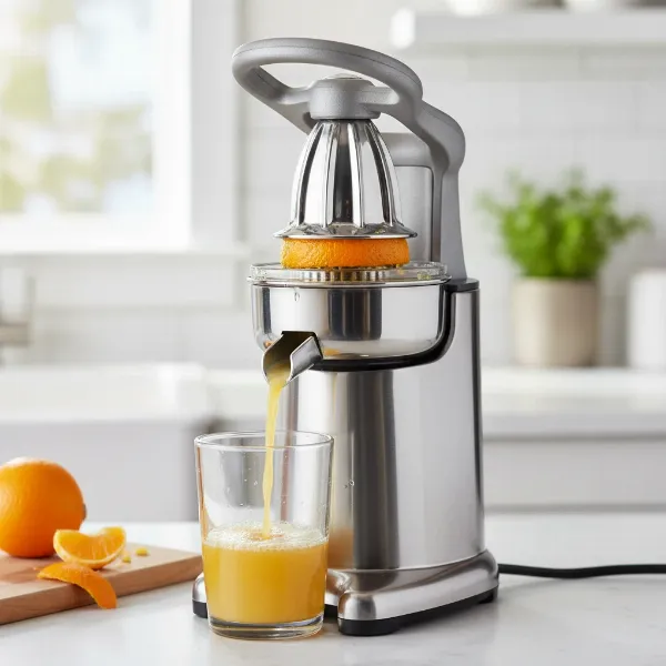 Breville 800CPXL citrus press in action, extracting juice from an orange in a modern kitchen.