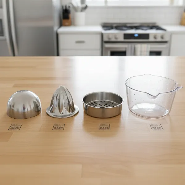 Various detachable parts of the Breville Citrus Press Pro laid out, emphasizing ease of cleaning and dishwasher-safe components.