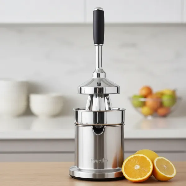 Close-up view of the Breville Citrus Press Pro showcasing its stainless steel design, active-arm, and Quadra-Fin™ juicing cone.