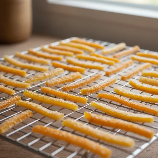 Glistening candied orange peels drying on a rack, sweet and ready to eat.