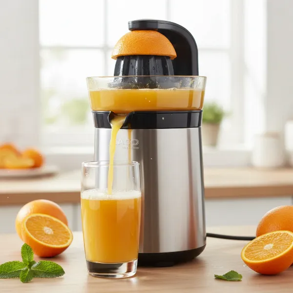 Freshly squeezed citrus juice flowing into a glass from the Caso Design CP 330 Pro juicer.