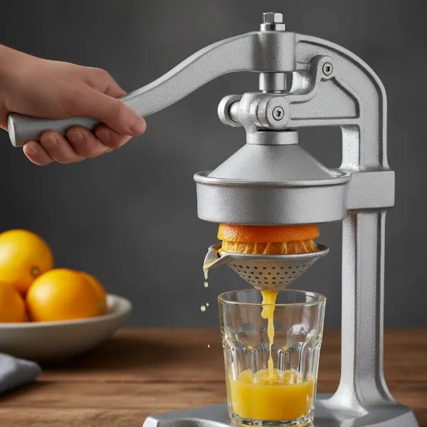 Close-up of a hand operating a cast aluminum citrus press, showing its strength.