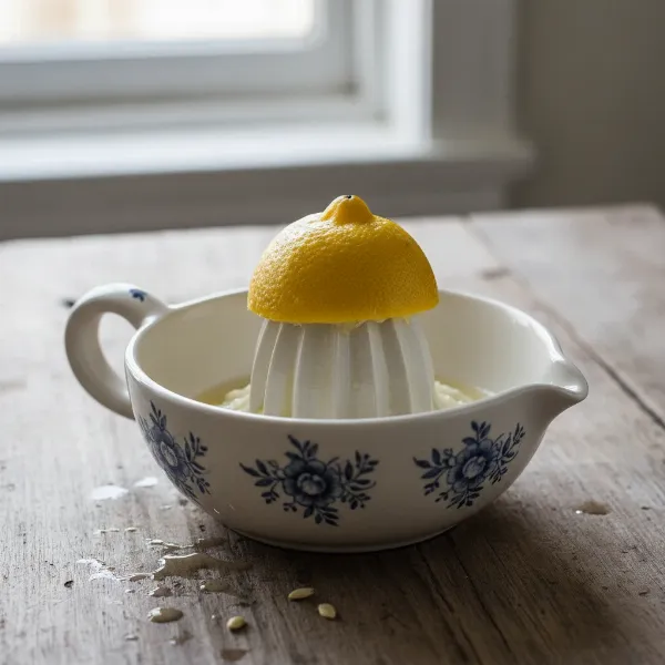 A ceramic bowl-and-reamer juicer with half a lemon, ready for manual juice extraction.