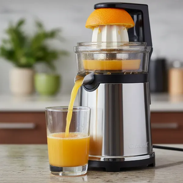 Tribest Citri-Star juicer with juice flowing cleanly from its high-clearance spout.