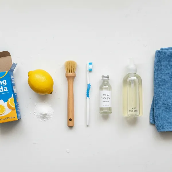Essential tools for cleaning an electric citrus juicer pulp filter including brushes and natural cleaning agents