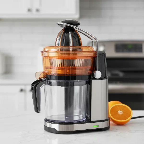 A fully and correctly assembled citrus juicer with all components locked, ready for operation.