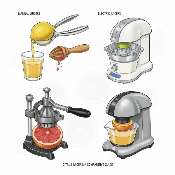 Illustration of various citrus juicers, including handheld, reamer, lever press, and electric models.