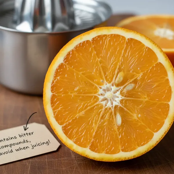 Cross-section of a citrus fruit highlighting the peel, white pith, and juicy segments for juicing.