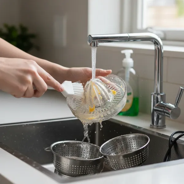 Person safely cleaning citrus juicer components with a brush, demonstrating proper technique.