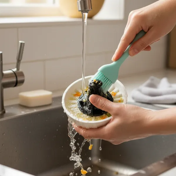 Hands cleaning disassembled juicer parts under running water to prevent future sticking.