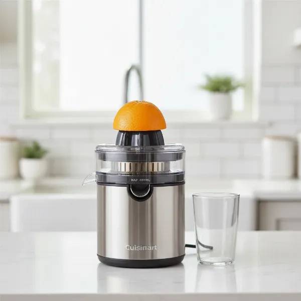 A Cuisinart Pulp Control Citrus Juicer on a kitchen counter, highlighting its adjustable pulp control and stainless steel design.