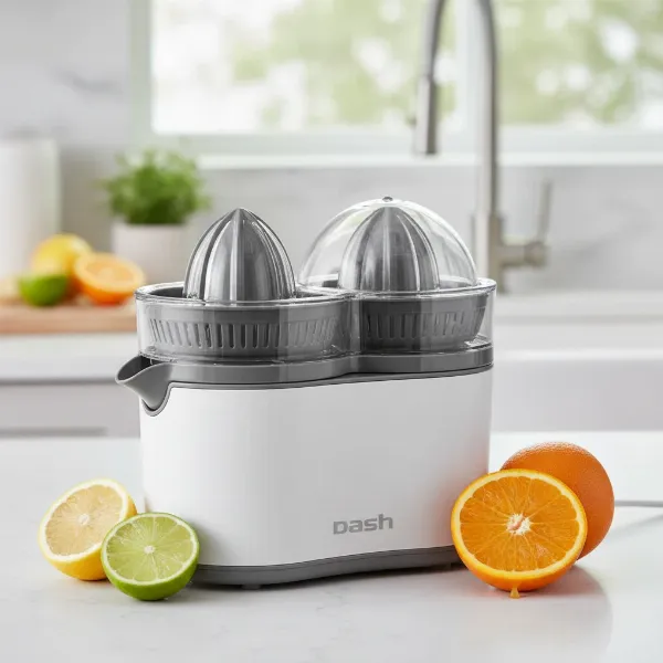 Dash Go Dual Citrus Juicer with its two reamers on a kitchen counter.