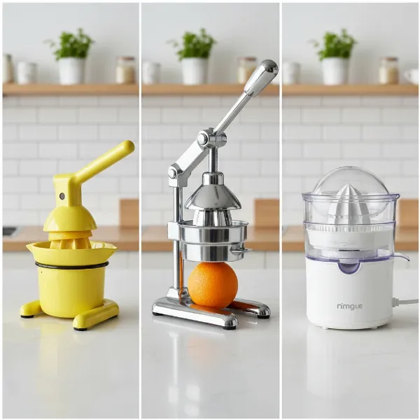 Collage displaying various citrus juicer types: manual handheld, manual press, and electric reamer models.