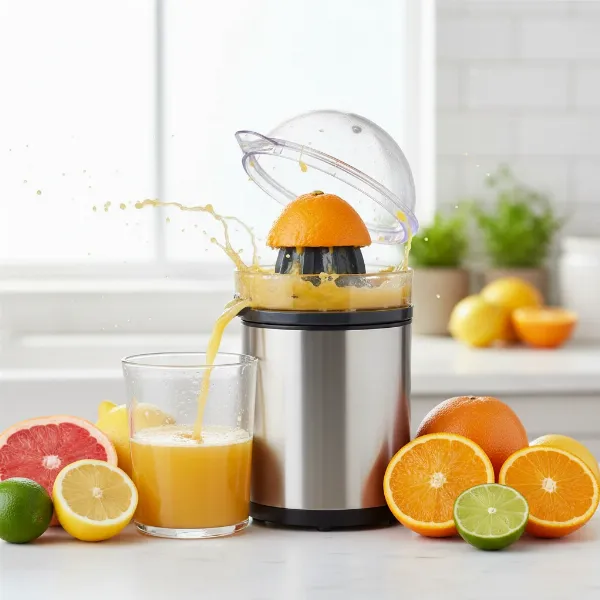 A variety of citrus fruits being juiced by an electric citrus juicer on a kitchen counter, emphasizing versatility and freshness.
