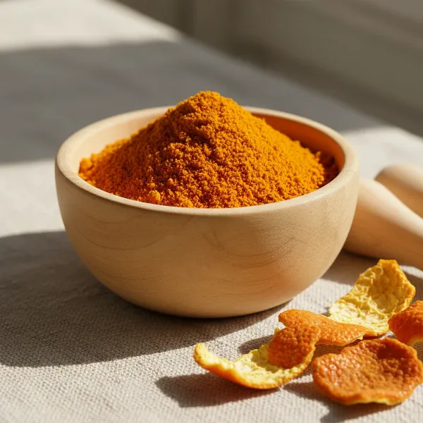 Vibrant orange peel powder in bowl, with dry peels, ready for seasoning.