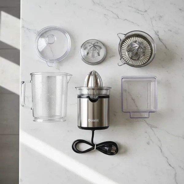 Close-up of Dualit Dual-Max Citrus Juicer components, including the 800W motor base and dishwasher-safe parts, disassembled for cleaning