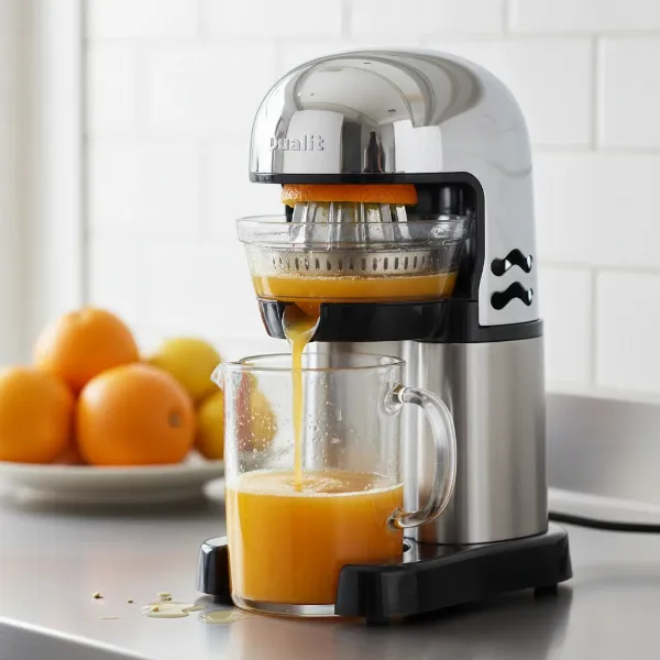A Dualit Dual-Max Citrus Juicer in action, extracting juice from an orange with a powerful 800W motor