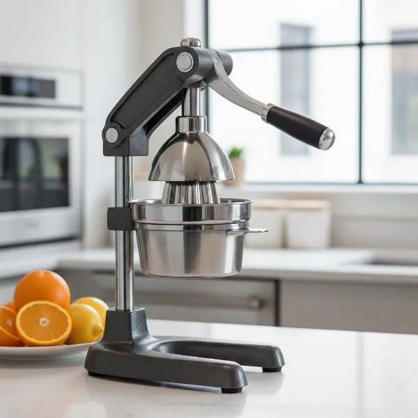 High-quality, heavy-duty manual citrus press juicer made from stainless steel or cast iron on a kitchen counter.