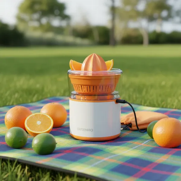 A compact DUSENHO Electric Citrus Juicer on a picnic blanket with oranges and limes, illustrating its portability and USB-C charging capability. 