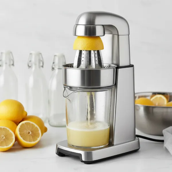 A powerful electric citrus juicer efficiently extracting juice from halved lemons for bulk lemonade.