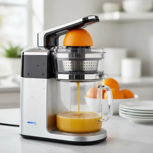 An electric citrus juicer efficiently extracting juice from an orange half with minimal user effort.