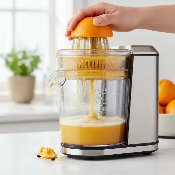 An electric reamer juicer extracting juice from a halved orange, separating pulp and seeds.