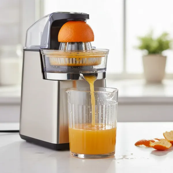 Electric citrus juicer extracting juice from a halved tangerine into a clear glass.