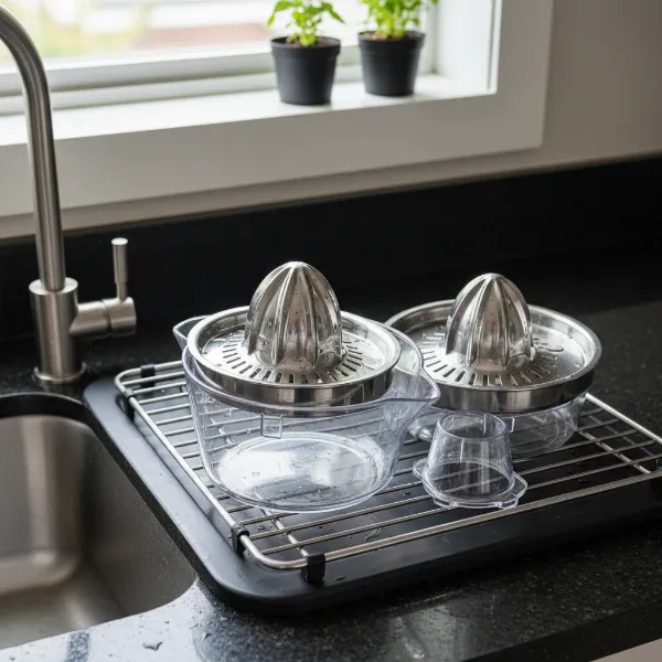 Disassembled Epica citrus juicer parts on a drying rack, illustrating easy cleaning and maintenance.