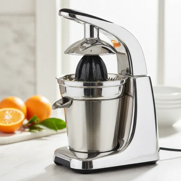 A sleek Eurolux electric orange juicer with a stainless steel finish on a kitchen counter.