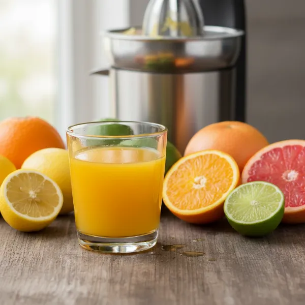 A glass of freshly squeezed orange juice next to various vibrant citrus fruits and a juicer.