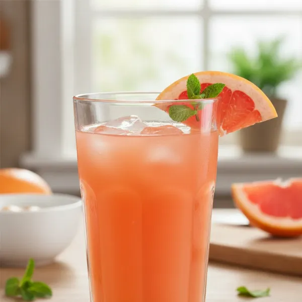 A clear glass of freshly squeezed grapefruit juice with a minimal pulp and no seeds.