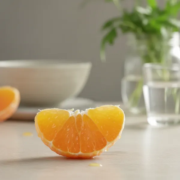 A close-up of a perfectly peeled orange segment, showing no white pith, ready for juicing to avoid bitterness.