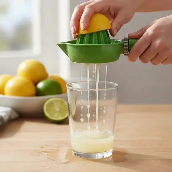 A hand squeezing a lemon in the Chef'n FreshForce juicer, showing abundant juice extraction into a glass.