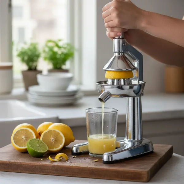 A person using the Tramontina juicer to prepare fresh citrus juice with lemons and limes.