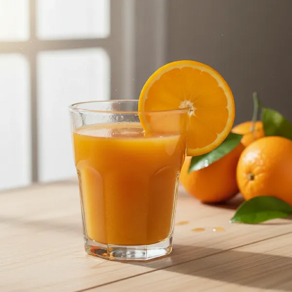 A glass of freshly squeezed orange juice with orange slices, representing the healthy benefits of juicing.