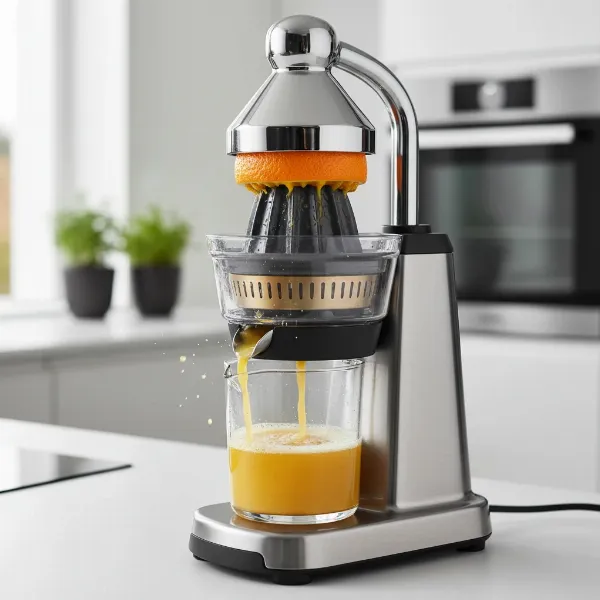 Gastroback Design Citrus Juicer Advanced actively pressing a halved orange with its lever arm.
