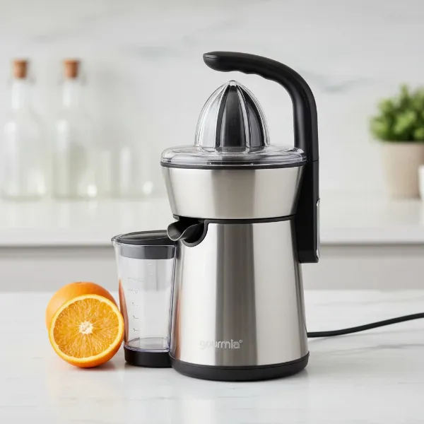 Gourmia EPJ100 electric citrus juicer showing its sleek design and key components for efficient juicing.