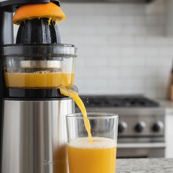 Fresh orange juice being efficiently extracted by the Gourmia EPJ100 electric citrus juicer, demonstrating high yield.