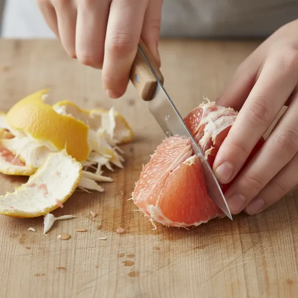 Close up of a hand carefully removing grapefruit pith with a knife on a cutting board.