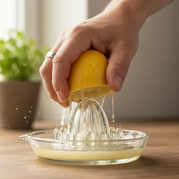 A hand holding a lemon half, twisting it onto a manual citrus reamer to extract fresh juice