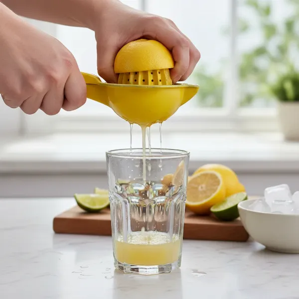 Hands holding a Mexican elbow juicer, actively squeezing a halved lemon, with juice flowing into a glass below.