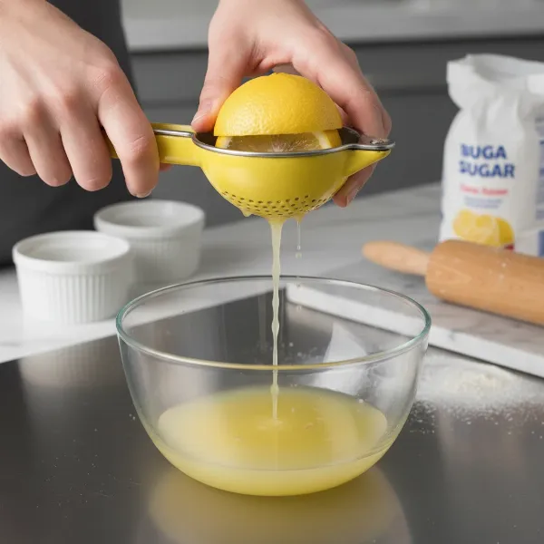 Person squeezing a halved lemon with a metal handheld citrus press, juice flowing into a bowl for baking.