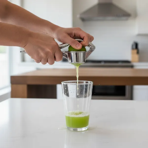 A person using a metal handheld lime press to extract juice from a halved lime into a clear glass.